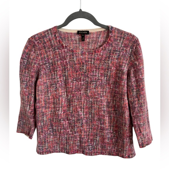 Escada Wool Pink Plaid Tweed Print Sweater with 3/4 Sleeves, size XL - Picture 1 of 5